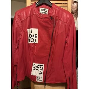 Red Peace Love World leather jacket with a "Love Addict"